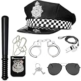 IXYHKB Polizei Kostüm Zubehör, 6 Stück Polizei Kostüm Set mit Polizeimütze, Handschellen, Abzeichen, Pfeife, Baton, Brille, Polizei Kostüm Kinder für Karneval, Cosplay, Party Kostüm