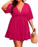 Daci Damen-Badeanzug, Übergröße, V-Ausschnitt, kurzärmelig, Strandkleid, Schwimmvertuschung, Knallpink (Hot Pink), 18 Plus