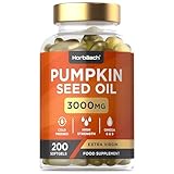 Kürbiskernöl Kapseln 3000mg pro Tagesdosis | Mit natürlichen Vitamin E | Hochdosiert | Naturbelassen & Kaltgepresst | 45% Linolsäure (Omega 6) | 200 Pumpkin Seed Kapseln | Horbaach