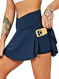 HAWILAND Tennisrock Damen - Hosenrock Crossover Waist V-Bund Tennis Skort mit Taschen Golfrock für Radfahren Wandern Laufen #1 Dunkelblau L