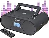 KLIM Boombox B4 Radio mit CD Player + AM/FM Radio, MP3, Bluetooth, AUX, USB tragbar mit kabellosem Modus und aufladbaren Akku + Mit Fernbedienung, Autosleep, Digital EQ