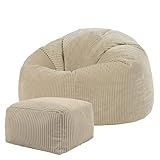 Icon Kingston Sitzsack mit Hocker Cord, Beige, Sitzsack Erwachsene mit Füllung, Bean Bag, Cord Sessel, Lounge Sessel, Lounge Stuhl, Schlafzimmer, Wohnzimmer, Wohnzimmer Möbel