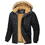 MAGCOMSEN Herren Warme Parka Jacke Gefüttert Winter Daunenjacke Kapuze Camping Jacken Männer Winddicht Warme Outdoorjacke Fleece Funktionsjacke Wandern Jagdjacke Schwarz XXL