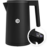 Balter Edelstahl Wasserkocher mit Temperatureinstellung, 40°C-100°C, Doppelwand, BPA frei, 1,7L, Schwarz, WK-5-Touch