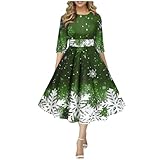 Weihnachtskleider Damen Langarm Kleider, Mit Weihnachtsmotiv XXL Kleid Rundhals Druck a Linie 50er Jahre Plisseekleid Retro Knielang Faltenrock Swing Weihnachten Weihnachtskleidung
