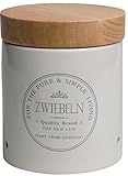 KHG Zwiebeltopf aus Keramik Steingut in Weiß mit Holzdeckel aus Bambus | Zwiebel Aufbewahrung für 1kg Zwiebeln | Zwiebeldose rund mit atmungsaktiven Luftlöchern & Beschriftung | spülmaschinengeeignet