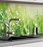 MyMaxxi Küchenrückwand Folie selbstklebend matt Versteift - einfache Montage ohne Bohren - Motiv Wiese 60cm hoch - Spritzschutz Küche Klebefolie - Natur Tau Gräser 340 x 60cm