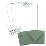 25 Briefbogen-Sets DIN A4 - Naturpapier in Creme mit Eukalyptus-Zweigen - mit Briefumschlägen DIN C6 in Eukalyptus-Grün Briefpapier bedruckbar ideal für Hochzeitseinladungen