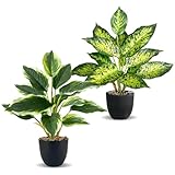 KüNstliche Pflanzen Wie Echt - 2 Stück Künstliche Pflanzen im Topf Zimmerpflanzen, 36cm Plastik Fake Pflanze für Badezimmer Büro Küche Badezimmer Dekoration, Monstera Künstlich & Areca Kunstpalme