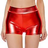 Generisch 2026 Hoch taillierte metallische Booty-Shorts für Damen, Rave-Hose zum Tanzen, Hotpants, Clubwear Jack Herren Shorts (Red, L)