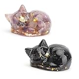 APOMOONS 2 er Katze Figur, Amethyst Katzen Deko Katzenfiguren Figuren Deko Schreibtisch Statue Obsidian Katze Kristalle Heilsteine Figur Schlafende Katzenfigur für Katzenliebhaberc