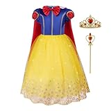 Aomig Weißer Schnee Prinzessin Kostüm Kinder, 4-teiliges Set Mädchen Kleid mit Krone und Zauberstab, Cosplay Lang Kleidung für Karneval Verkleidung Halloween Geburtstag Party (110cm)