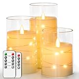 salipt LED Kerzen im Glas, Flammenlose Kerzen mit Beweglicher Flamme, Elektrische Kerzen mit Fernbedienung, 3er-Set Kerze mit Timer, Durchmesser 7.6 cm, Höhe 10.2 12.7 15.3 cm - Lichterkette Weiß