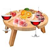 Jognee Klappbarer Picknicktisch aus Holz,Picknick Weintisch,Faltbarer Picknicktisch mit Rotweinglashalter,Outdoor Weintisch Klappbar Kleiner Strandtisch für Garten Reisen Camping Picknick Stran