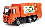 Lena 4614 Worxx Müllauto Mercedes Benz Arocs, Spielauto ca. 53 cm, Nutzfahrzeug für Kinder ab 3 Jahre, robuster Müllwagen mit 2 Mülltonnen und realitischen Spielfunktionen, orange
