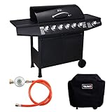 TAINO Basic 6+1 Gasgrill Set inkl. Abdeckung/Druckminderer Grillwagen BBQ Edelstahl-Brenner Seitenkocher Gas-Grill TÜV Schwarz