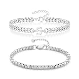 Herren Armband Edelstahl Armbänder Panzerkette, 2 Stücke Silber Herrenarmbänder, 6MM Armband Herren mit Buchstaben A-Z, Personalisierte Geschenke für Männer Papa Freund Sohn Bruder Ehemann (Silber S)