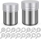 Puderzuckerstreuer-2 Edelstahl Kakaostreuer mit feinem mehlsieb & Deckel-Pulverstreuer zum Backen, Kochen, Zuhause, Restaurant mit 16 Druckformen, Spülmaschinengeeignet