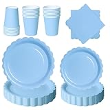 PYAILI Babyblau Partygeschirr, 96 Stück Pappteller Set mit Blumenmuster für 24 Gäste, Papier Teller Pappbecher Servietten für Geburtstag, Muttertag, Babyparty, Bridgerton, Teeparty