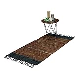 Relaxdays Flickenteppich, 70 x 140 cm, Baumwolle & Leder, Teppichläufer mit Fransen, rutschfest, Fleckerlteppich, braun