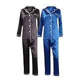 IQYU Damen Pyjama Langarm Shirt Set Einfarbig Lässig Cardigan Wear Schlafanzug Herren Lang Frottee Warm Winter (Blue, L)