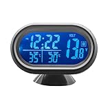 Shkalacar 3in1 Autothermometer Digitaluhr Voltmeter mit LCD Digitalmonitor, 12V Temperatur und Spannungsmesser, Erkennungsanzeige für Auto LKW SUV Wohnmobil, Blau und Orange