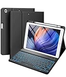 Vobafe Hülle mit Tastatur Kompatibel für iPad 9./ 8. /7. Generation 10.2 Zoll mit Stifthalter, Magnetisch 7 Farben Beleuchtung, Wiederaufladbar Abnehmbarer QWERTZ iPad Tastatur, Schwarz