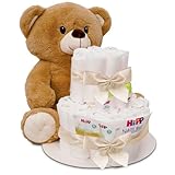 MilaBoo® beige Windeltorte mit kuscheligen großen Teddybär I hochwertiges Neugeborenen Geschenk mit Windeln und Produkten von Hipp I persönliches Babygeschenk zur Geburt (beige groß)