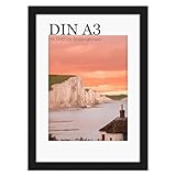 UHOUSEST Bilderrahmen A3 Holz, 29.7x42cm Bilderrahmen, Holzrahmen für A3 Druck, Schwarzer Rahmen mit Passepartout, Posterrahmen mit Passepartout, für Wandmontage vertikal oder horizontal