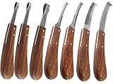 Pferde Hufmesser Set 7-teilig 3 Schlaufenmesser 4 Klauenmesser Hufschneidemesser mit scharfen Klingen Schlaufenhufmesser als Hufpflege Werkzeug aus rostfreiem Edelstahl mit Holzgriff