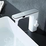 Berührungsloser Badezimmer-Wasserhahn, automatischer Sensor-Badezimmer-Wasserhahn, Temperatur-Digitalanzeige-Waschbecken-Wasserhahn, Badezimmer-Waschbecken-Wasserhahn, Badezimmer-Mischbatterie-Weiß