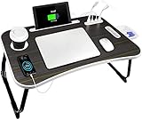 AirOpen Laptoptisch fürs Bett, Klappbar Betttisch mit 4 USB Ladeanschluss, Schublade, PAD Ständet, Cup Slot (60 x 40 cm, Schwarz)