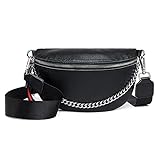Travistar Kleine Umhängetasche Damen - Echtleder Crossbody Bag Damen Breiter Gurt Bauchtasche Gürteltasche Stylisch Schultertasche Moderne Taschen - Schwarz Hüfttasche mit Kette