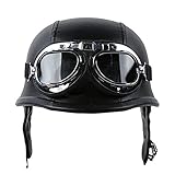 ZLYJ Leder Motorradbrille Vintage Jet Style Halbhelme Brain-Cap Motorrad Biker Cruiser Scooter Touring Retro Helm, ECE Genehmigt Black,L