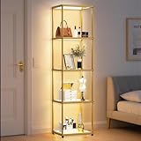 Bücherregal mit LED-Beleuchtung, Stehlampe mit Glasregal, Dimmbar Glasvitrine mit Einstellbare Farbtemperaturen und Helligkeit, Sammlervitrine für Wohnzimmer, Büro, Spielzimmer (40 x 32 x 148cm)