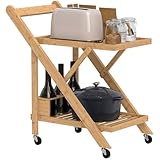 HOMCOM Küchenwagen Servierwagen mit 2 Ebenen, Rollwagen mit Weinregal, Arbeitsplatte, Griff Küchenregal auf Rollen, klappbar Allzweckwagen für Büro, Küche, 66 x 40 x 70 cm, Bambus, Natur