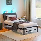 VECOCHO Bett 90x200 mit LED Beleuchtung und Ladestation,Metallbett 90x200 mit Kopfteil und Lattenrost,Bettgestell 90x200 cm-Höhe 27cm mit Stauraum unter dem Bett,für Schlafzimmer Gästezimmer,Schwarz