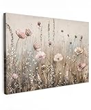 MuchoWow© Leinwand Groß 120x80 cm XXL Deko Schlafzimmer Aesthetic Leinwandbilder Wohnzimmer Gemälde Foto Geschenk Living Room Decoration Blumen - Rosa - Modern - Beige