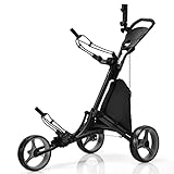 FANTASK 3-Rad Faltbarer Golftrolley, Golfwagen mit verstellbarem Griff, Golf-Schiebewagen aus Aluminium, Golftrolley mit Schirmhalter, Teehalter und Aufbewahrungstasche