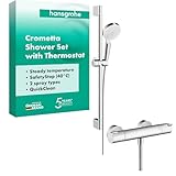 hansgrohe Crometta - Duschset mit Thermostat Ecostat 1001 CL, runder Duschkopf mit Brausestange 65 cm, Duschkopfhalterung und Brauseschlauch 1,60m, Duschbrause mit 2 Strahlarten, Weiß-Chrom, 27812400