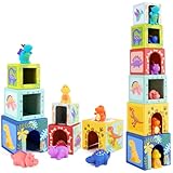 Baby Stapelwürfel und Stapelturm, Kinder Dinosaurier Montessori Spielzeug ab 1 2 3 Jahr, Geschenk , Kleinkinder Junge Mädchen