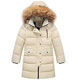 amropi Mädchen Daunenjacken mit Fell Kapuze Lang Winterjacke Kälteschutz Wasserabweisend Verdickte Daunenmantel (Beige,9-10Jahre)