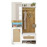 Moderner 8-in-1 Garderobenständer, Garderobe Set, Kleiderständer mit Spiegel, LED-Leuchten, Kleiderschrank, Schuhschrank, Schuhhocker, Offenen Schubladen, Regalen und Kleiderhaken, Weiß und Holzfarbe
