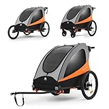Kinderkraft NAVA 3in1, Kinderwagen, Laufwagen und Fahrradanhänger, für ein oder zwei Kinder (bis 44 kg), Sonnenschutz, zwei unabhängige Bremsen, Aluminiumrahmen, leicht zu falten,Orange