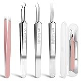 3 Stück Pinzette zum Entfernen von Mitessern und 1 Stück Pinzette für Eingewachsene Haare, Präzisions Mitesser Pickel Extraktor für Pickel, Whitehead Pinzette, Wimpernpinzette mit Gebogener Spitze