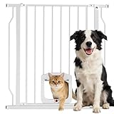 PawHut Treppenschutzgitter Türschutzgitter mit Katzenklappe Absperrgitter ohne Bohren 75-85 cm Schutzgitter aus Stahl für Hunde, Haustiere Treppen, Tür, Weiß