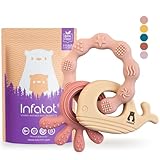 Infatot® Silikon-Beißring-Spielzeug für Babys von 0–6 Monaten – Wal-Okto – Baby-Beißspielzeug, Schnuller und Beißringe, BPA-freies sensorisches Baby-Kauspielzeug - Pflaume und Milch