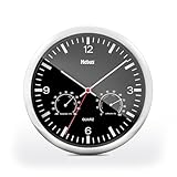 MEBUS Quarz-Wanduhr mit Thermometer und Hygrometer/silberner Rahmen/schwarzes Zifferblatt / 25cm Durchmesser/Rund/Modell: 56731 / Farbe: Silber, Schwarz