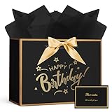 AOOSU Geschenktüte Geburtstag, Papier Geschenktüten mit Schleife + 1 Grußkarten + 3 Seidenpapier, Schwarz Geschenktaschen mit Henkel, Frauen Männer Birthday Gift Bag, Geschenkverpackung für Geschenk