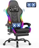 Devoko LED Gaming Stuhl mit Massage, Computerstuhl mit Fußstütze und Massage-Lendenkissen, Racing Gamer Stuhl Ergonomisch mit Verstellbare Kopfstütze, Bürostuhl Gaming Stuhl 130 kg belastbarkeit,Graue